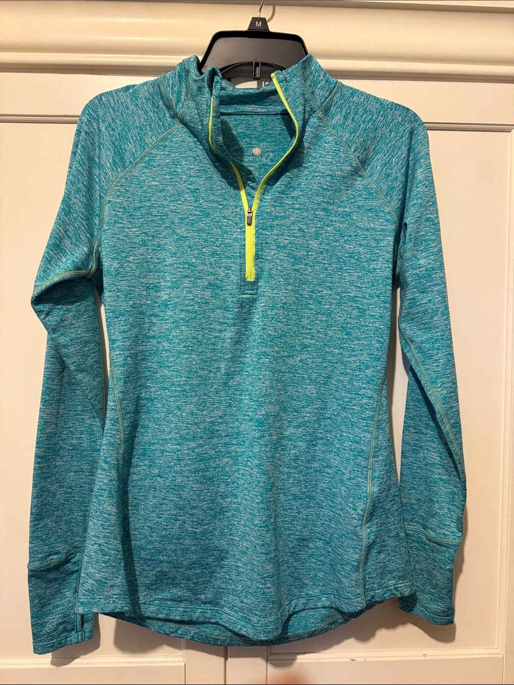 Wmn’s tangerine teal heathered quarter-zip with neon yellow trim